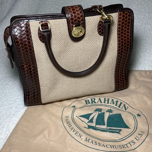 Brahmin Handbags - BRAHMIN Linen and Brown Leather Satchel